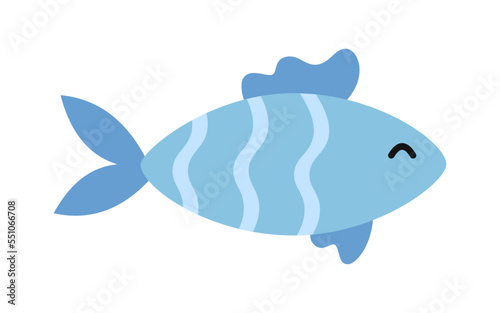 Vector blue fish in flat design. Marine life animal with wavy ornament.