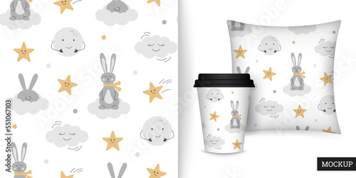 Seamless pattern with of cute rabbit, moon and star. Childish background with cartoon clouds and stars in hand drawn style. Pattern time to sleep. Vector illustration. Design for textile, paper, cloth