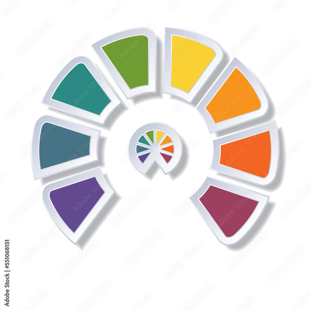 Infographics from semicircle, template with shadow for 8 positions Infographics from semicircle, template with shadow for 8 positions