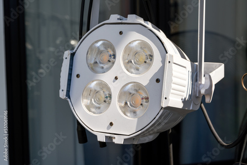 Close-up of LED spotlights used in large stage photo