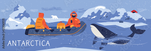 Antarctica, North Polar scientists, explorer by boat in the ocean. Antarctica landscape, animals, ice, glaciers, snowstorm illustration. Extreme travel by boat in arctic ocean