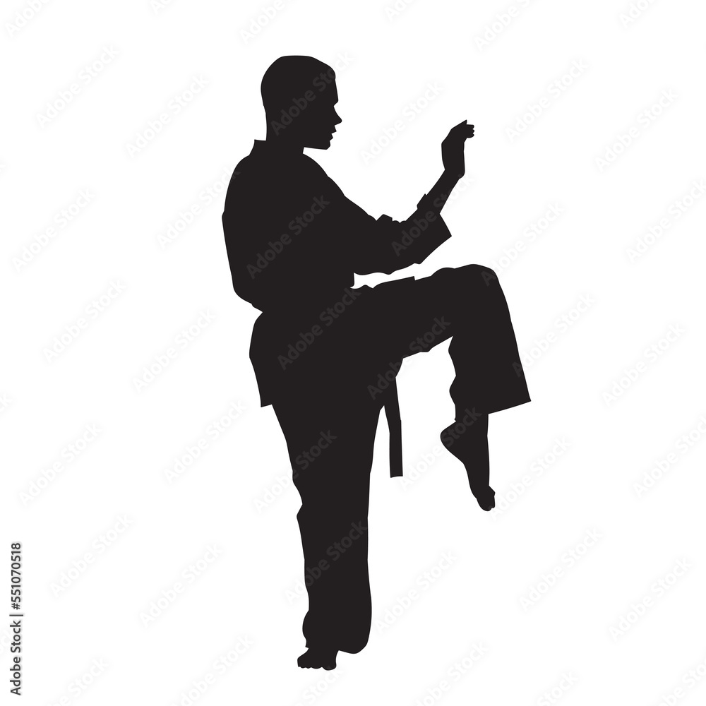 Illustration male karate fighter wearing uniform isolated vector silhouette. On white background. Illustration male karate fighter wearing uniform isolated vector silhouette. On white background.