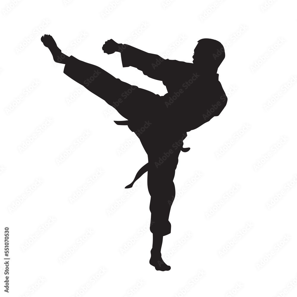 Illustration male karate fighter wearing uniform isolated vector silhouette. On white background. Illustration male karate fighter wearing uniform isolated vector silhouette. On white background.