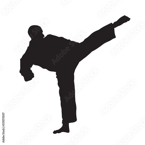 Illustration male karate fighter wearing uniform isolated vector silhouette. On white background.