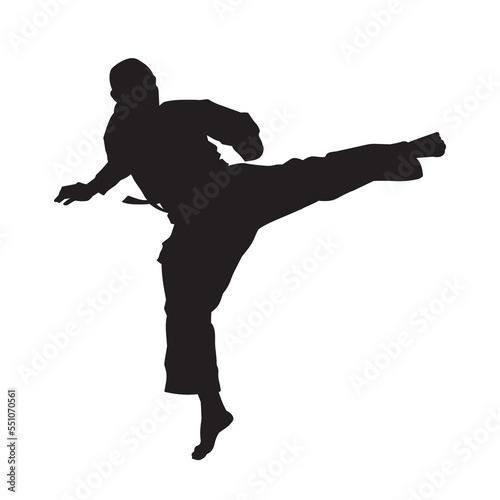 Illustration male karate fighter wearing uniform isolated vector silhouette. On white background.