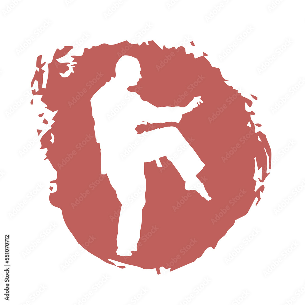 White Illustration male karate fighter wearing uniform isolated vector silhouette. On red background.