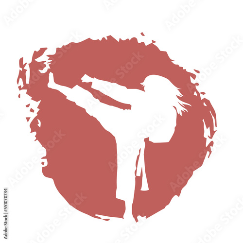 White Illustration female karate fighter wearing uniform isolated vector silhouette. On red background.