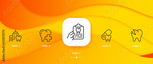 Stomatology set icon. Tooth enamel, teeth, caries, cross, dentistry, dentist, prescription, documents, medical history, painkiller, crack, broken. Healthcare concept. Infographic timeline with 5 steps