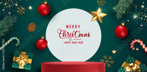 Merry Christmas banner with product display cylindrical shape and gift box red bow decoration green background