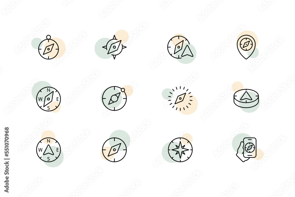 Compasses set icon. Navigation equipment, location, geolocation, gps, magnetic needle, cardinal points, phone, travel, cartography, destinations. Geography concept. Vector line icon for Business