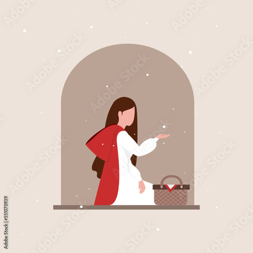 Red riding hood sitting on window sill and catching snowflake in her hand.