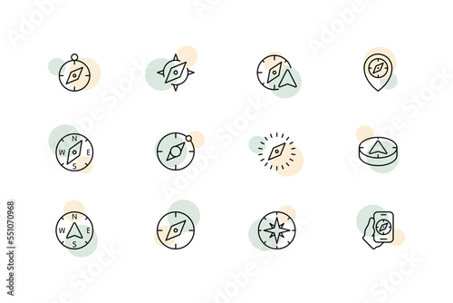 Compasses set icon. Navigation equipment, location, geolocation, gps, magnetic needle, cardinal points, phone, travel, cartography, destinations. Geography concept. Vector line icon for Business