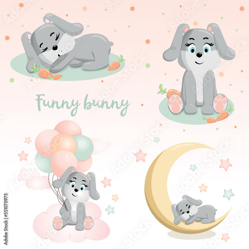 Cute bunny set. Funny illustration of a sleeping rabbit. Baby Hare