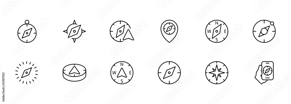 Compasses set icon. Travel, destination, geolocation, location, gps, journey, trip, magnetic needle, cardinal directions, orientation in space. Navigation equipment concept. Vector line icon Compasses set icon. Travel, destination, geolocation, location, gps, journey, trip, magnetic needle, cardinal directions, orientation in space. Navigation equipment concept. Vector line icon