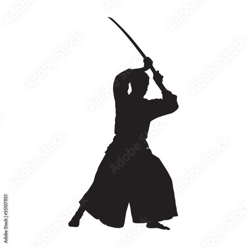 Japanese kendo martial arts wearing protective armor and use bamboo swords. Vector silhouette. 