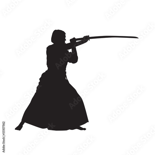 Japanese kendo martial arts wearing protective armor and use bamboo swords. Vector silhouette. 