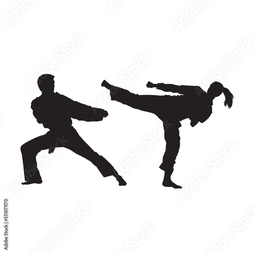 Illustration karate fighter wearing uniform isolated vector silhouette. on white background.