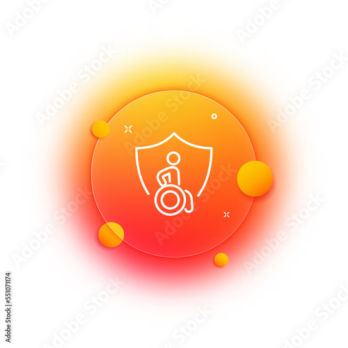 Protection of the Disabled line icon. Man in a wheelchair, old man, accident, congenital disability, shield, rights, benefits, pension. Society concept. Glassmorphism. Vector line icon for Business