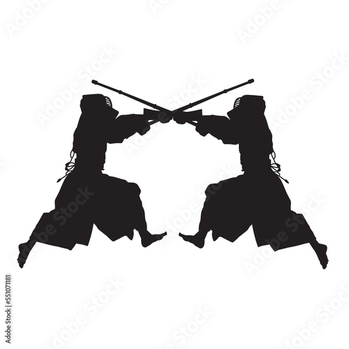 Japanese kendo martial arts wearing protective armor and use bamboo swords. Vector silhouette. 