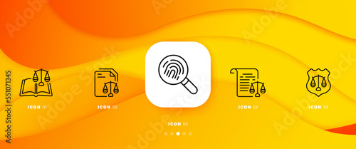 Trial set icon. Court, judge gavel, hammer, law, constitution, investigation, attorney, jurist, defense, suspect, defendant. Justice concept. Infographic timeline with 5 steps. Vector line icon