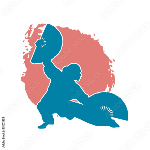 silhouette of a female wushu athlete dancing with a traditional fan in hand. Vector illustration.