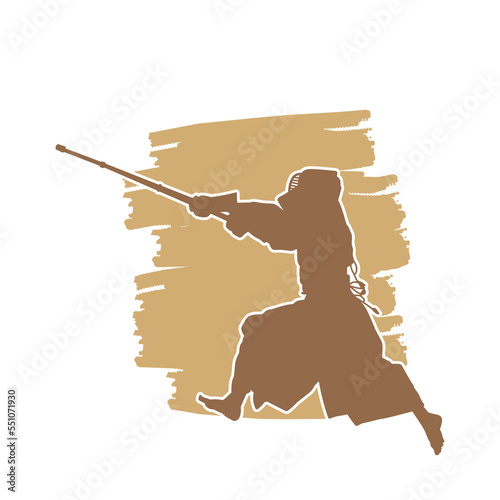 Japanese kendo martial arts wearing protective armor and use bamboo swords. Vector brown silhouette. 
