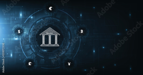 Interbank Currency exchange design.Money transfer, FinTech financial technology, bank and currency icon isolated on dark blue background. Vector illustration.