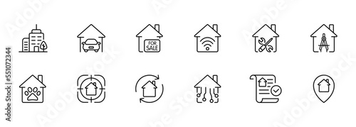 Real estate set icon. Home, house, building, for sale, pets, animals, smart house, contract of sale, lease, private property, wifi, drawing, compass. Business concept. Vector line icon for Business