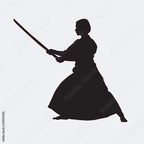 Japanese kendo martial arts wearing protective armor and use bamboo swords. Vector silhouette. On white background.