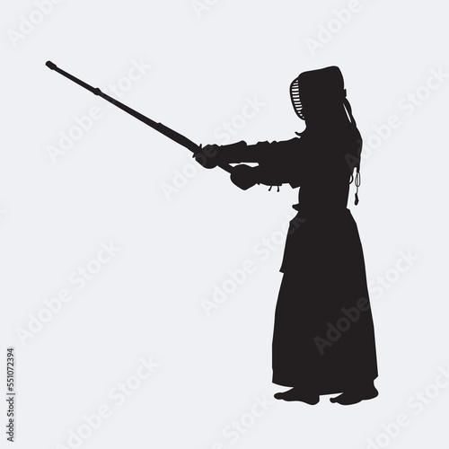 Japanese kendo martial arts wearing protective armor and use bamboo swords. Vector silhouette. On white background.