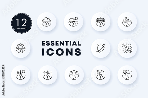 Earth landscapes set icon. Nature, windmills, sun, castle, antenna, forest, mountains, moon, factory, truck, sunset, dawn, open space, signal. Society concept. Neomorphism style. Vector line icon