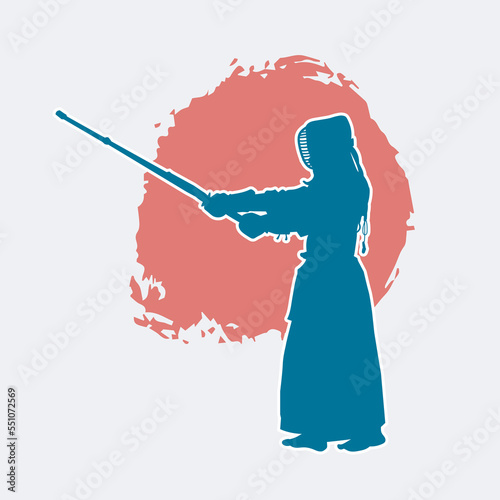 Japanese kendo martial arts wearing protective armor and use bamboo swords. Vector blue silhouette. 