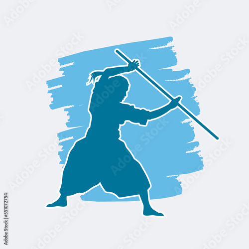 Japanese kendo martial arts wearing protective armor and use bamboo swords. Vector blue silhouette. 