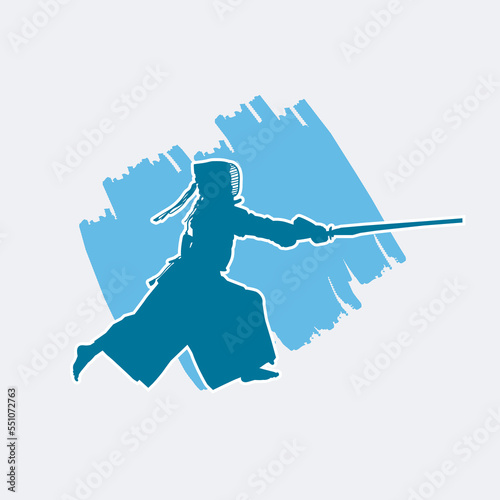Japanese kendo martial arts wearing protective armor and use bamboo swords. Vector blue silhouette. 
