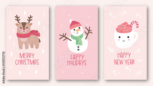 cute christmas cards, happy holidays background, message kawaii illustration of snowman and reindeer, illustration vector