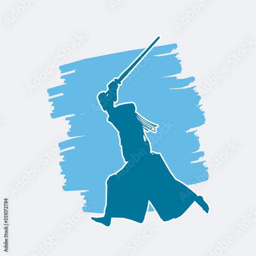 Japanese kendo martial arts wearing protective armor and use bamboo swords. Vector blue silhouette. 