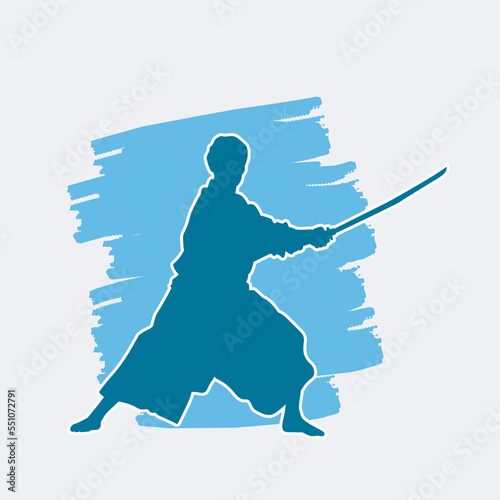 Japanese kendo martial arts wearing protective armor and use bamboo swords. Vector blue silhouette. 