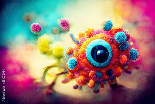 Ein unheimlicher kleiner bunter Virus mit Augen.