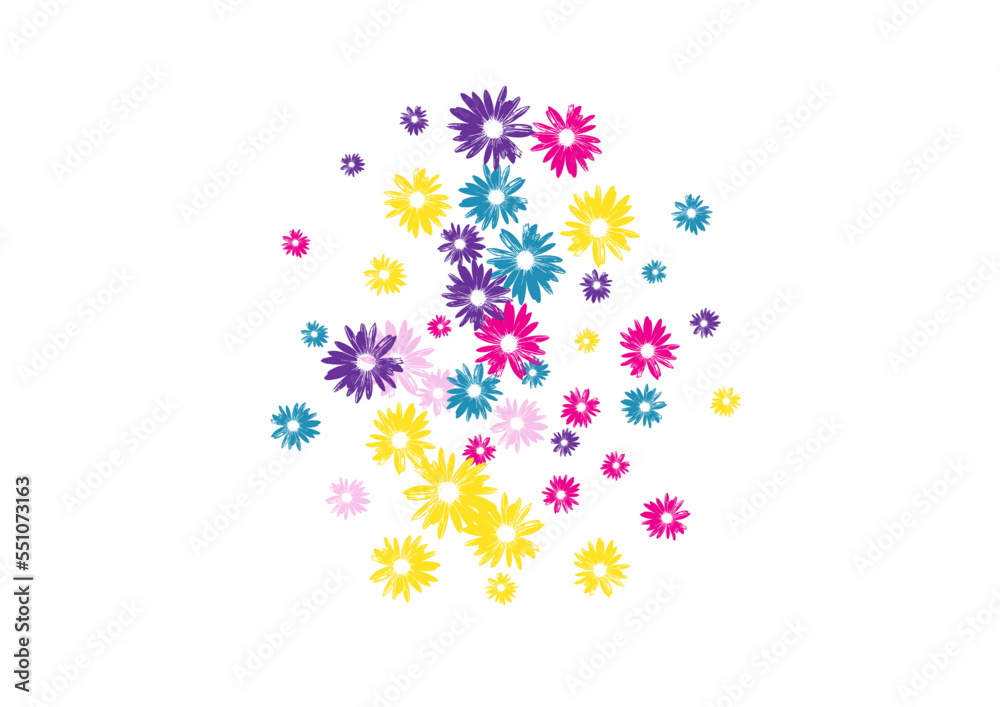 Bright Flowers Background White Vector. Plant Cute Texture.Multi-colored Gerbera Art. Bloom Pink Garden.