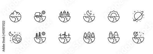 Earth landscapes set icon. Nature, windmills, sun, castle, antenna, forest, mountains, moon, factory, truck, sunset, dawn, open space, signal, ecology. Society concept. Vector line icon