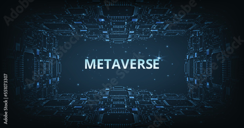 Concept of Metaverse technology with electric circuit network connecting on dark blue background.virtual reality and blockchain technology.