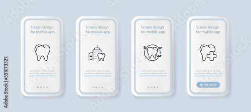 Dentistry set icon. Tooth, teeth enamel, dentist, treatment, prescription, hospital, white smile, caries. Stomatology concept. UI phone app screens. Vector line icon for Business and Advertising