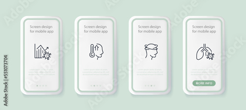 Virus set icon. Quarantine, protective mask, stay home, incidence statistics, covid, coronavirus, incubation period, vaccination, syringe, injection. Healthcare concept. UI phone app screens