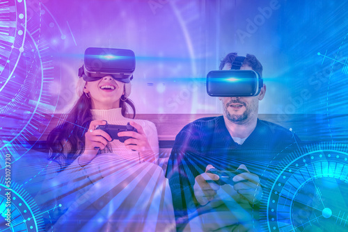 Quadro su tela two player gamers wearing 3D vr goggle headset with game controller playing futu