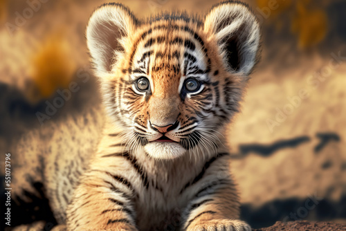 Adorable baby tiger cub on an savannah. Digital art