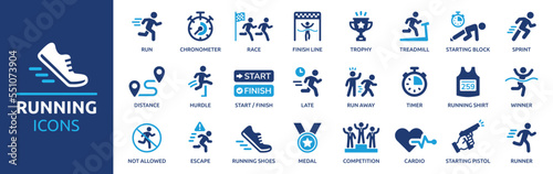 Running icon set. Running sport icon elements. Containing runner, race, finish line, treadmill and timer chronometer icons. Vector illustration.