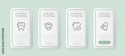 Teeth set icon. Dentistry, tooth enamel, caries, white smile, whitening, molars, incisors, oral cavity, shield, pills, protection. Stomatology concept. UI phone app screens. Vector line icon