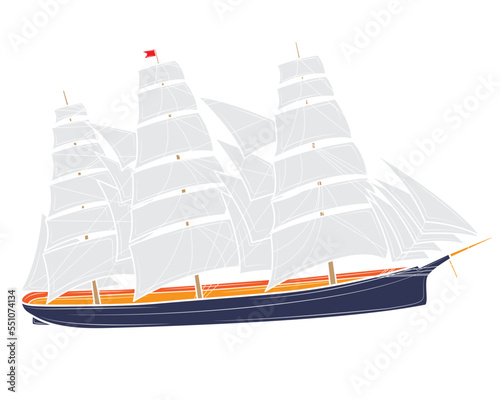Realistic sailing ship. Sailboat at sea. Vector illustration. 