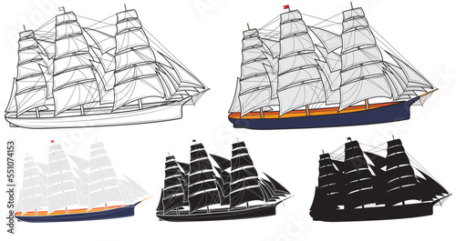 Set of Realistic sailing ship. Sailboat at sea. Vector illustration.