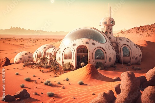 Fotografia, Obraz Illustration of a Mars colony futuristic dome houses a landscape sunlit sky back